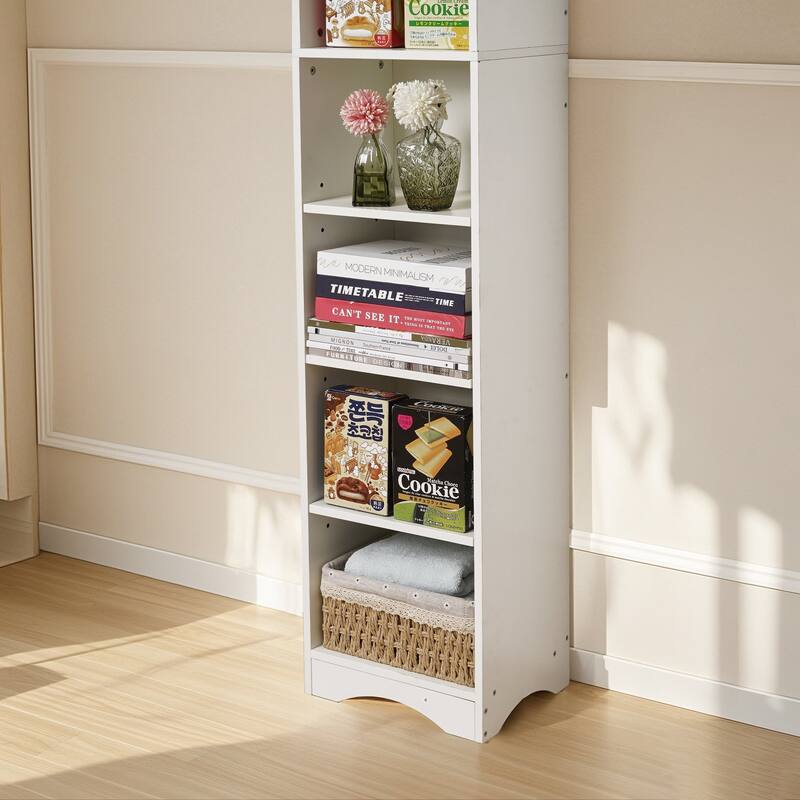 VECELO Tall Narrow Bookshelf with Adjustable Shelves Slim Vertical Storage Cabinet with Moisture-Resistant Base for Home Office