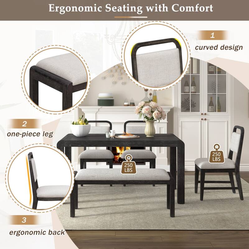 6-Piece Set, 59.8" Extendable Wooden Dining Table with 4 Chairs and 1 Bench