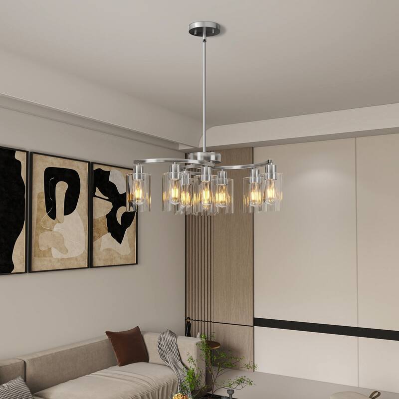 9-Light Glass Chandelier, Adjustable Height Dining Room Light Fixtures Over Table, Contemporary Hanging Chandelier