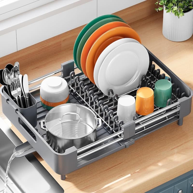 Dish Drying Rack for Kitchen Counter, Extendable Dish Rack with Drainboard
