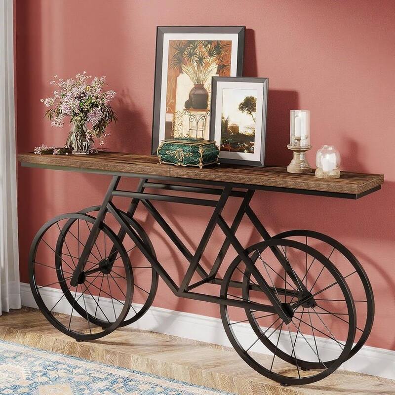 Brown-Black MDF Console Table with Bicycle Metal Base and Spacious Top - 70.86” L x 11.81” W x 33.46” H