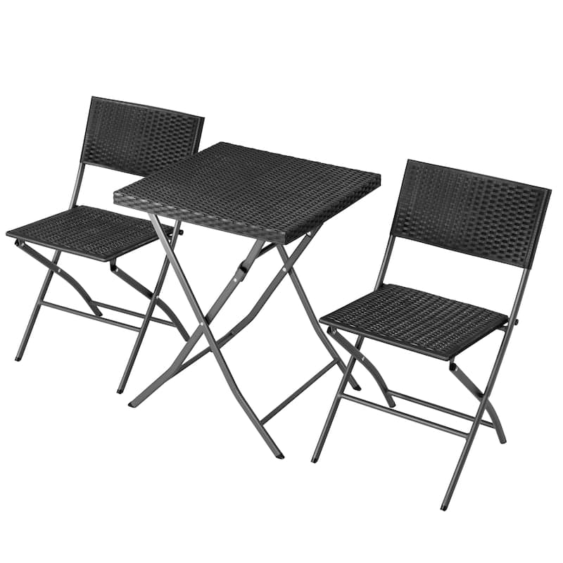 Outdoor 3 Pieces Folding Bistro Set, Waterproof PP Rattan Table and Chairs