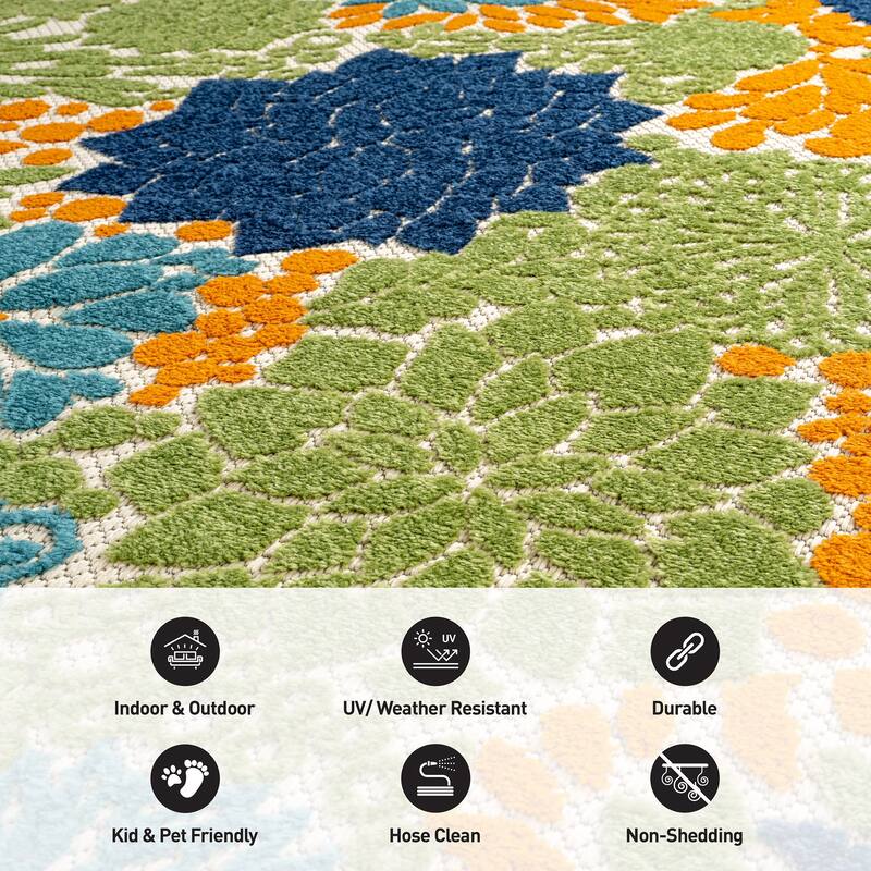 World Rug Gallery Indoor/Outdoor High-Low Textured Area Rug, Floral, Easy-Clean Patio Rug