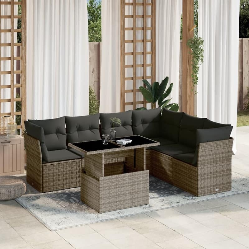 vidaXL Patio Sofa Set with Cushions Outdoor Furniture 7 Piece Poly Rattan - 21.7 x 39.4 x 28.7 in - Gray