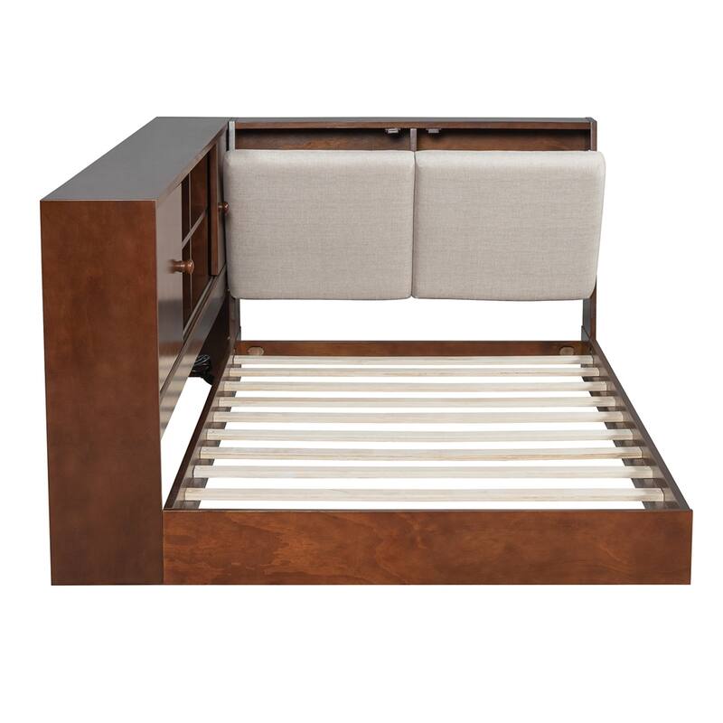 Wooden Twin Size L-shaped Daybed with Storage Bookcase