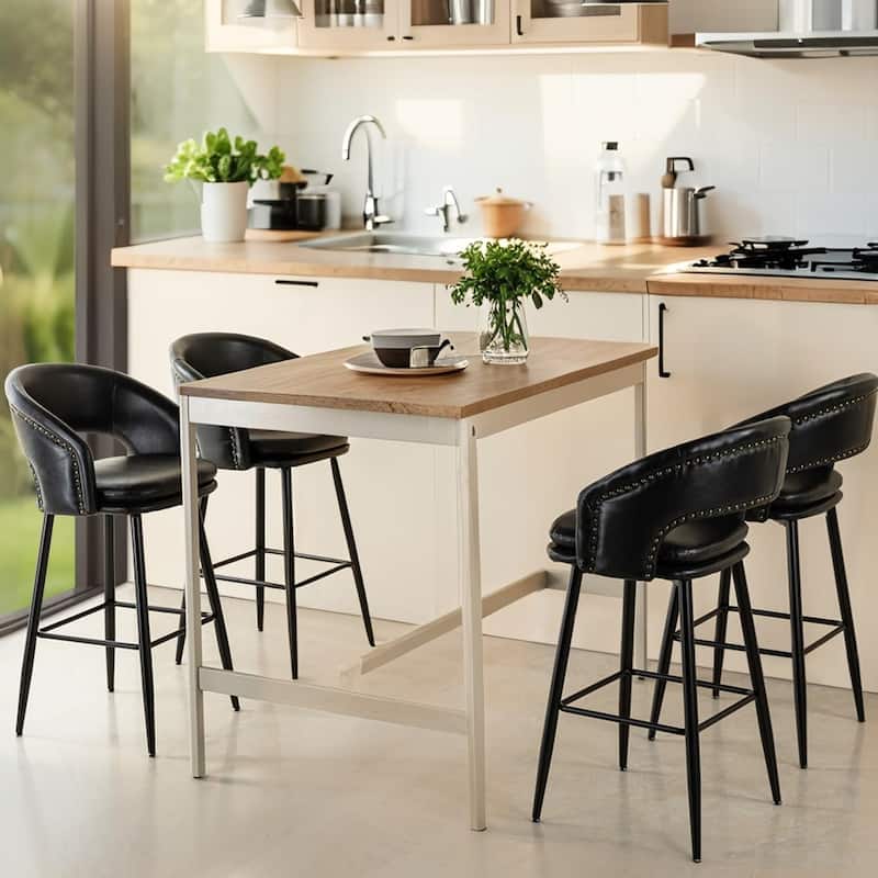 Glitzhome Set of 2 Mid-Century Modern 40.5"H Faux Leather Bar Stools with Nailhead Trim - Set of 4 - Black