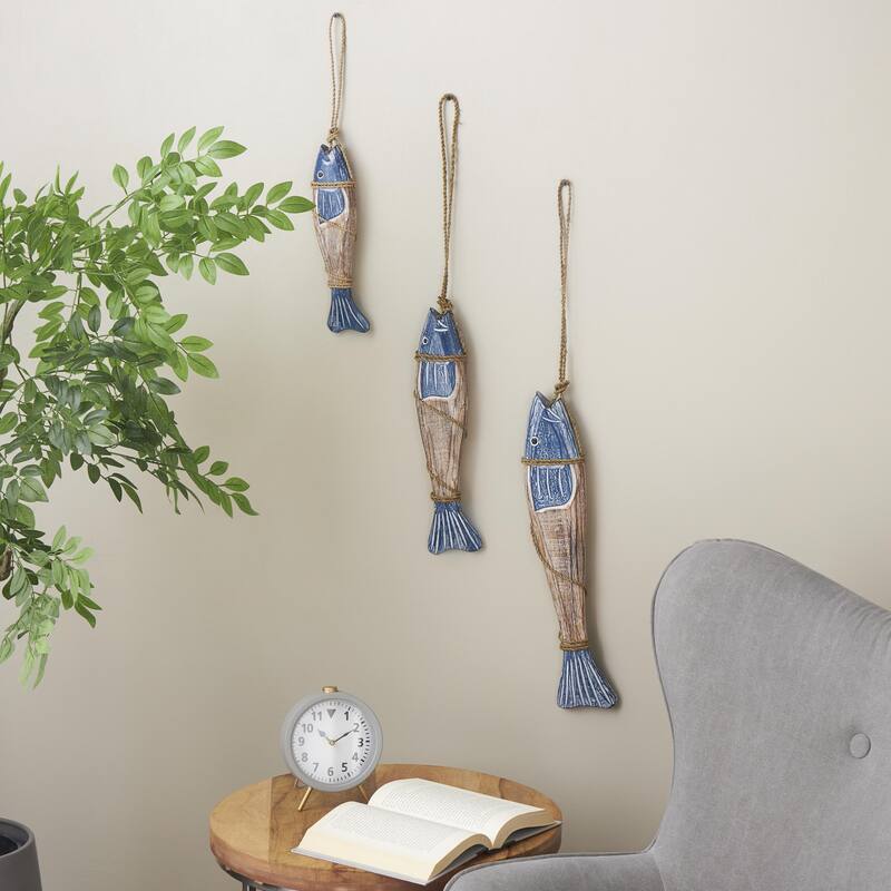 Wood Fish Handmade Home Wall Decor with Wrapped Jute Hanging Rope - Set of 3 Blue - Roche River Decor