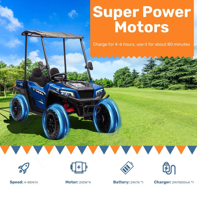 24V Ride-On Car, 4WD UTV for Kids, Remote-Controlled Dump Truck, Removable Roof, 2-Seater, 3 Speeds, Bluetooth, Music Features