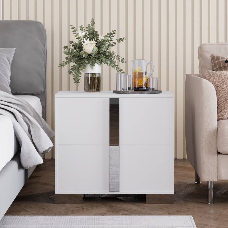 Modern End Table with Drawers, Elegant Nightstand with Metal Foot,Wood Bedside Table with Mirrored Metal Handles
