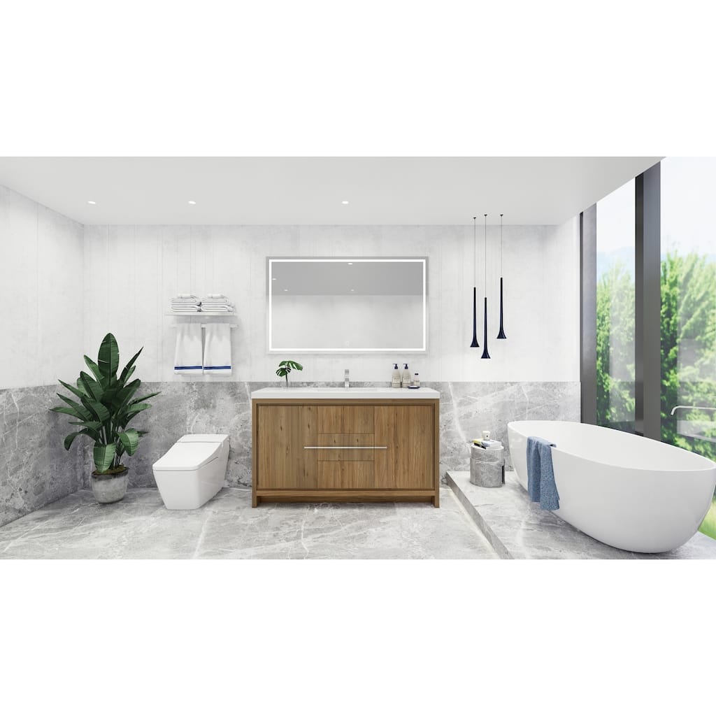 dolce 60 natural oak finish freestanding bath vanity with single basin reinforced acrylic top