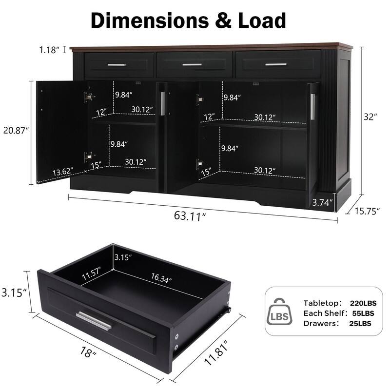 63" Sideboard Buffet Cabinet with Storage and Adjustable Shelves for Stylish Home Organization