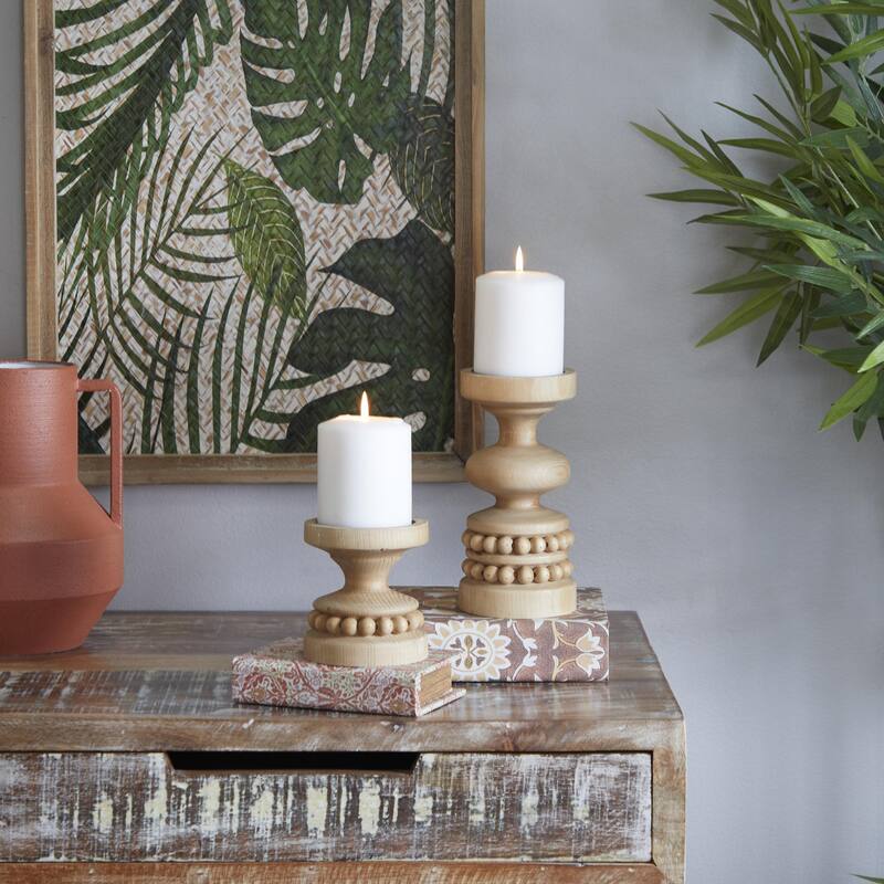 Wood Beaded Pillar Candle Holder - Set of 2 Brown or White - Roche River Decor