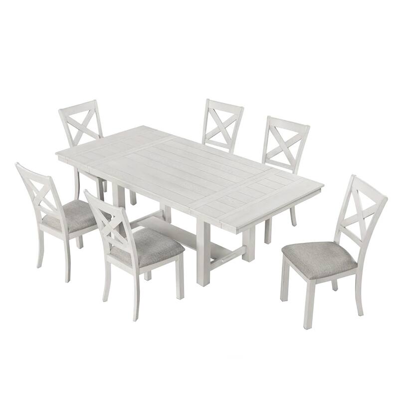 7 Piece Wooden Dining Set with Cross Back Chair in Rustic White Oak - 7-Piece - Rustic White Oak