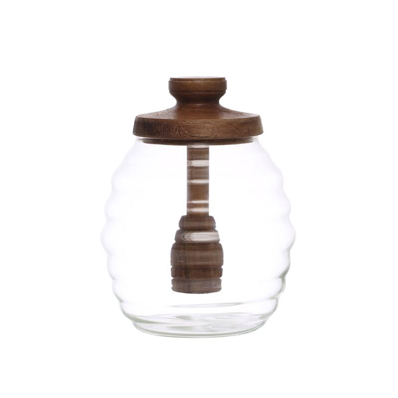 Glass Honey Jar with Acacia Wood Lid and Honey Dipper - Clear - 4.0"L x 4.0"W x 6.0"H - Clear - 4.0"L x 4.0"W x 6.0"H