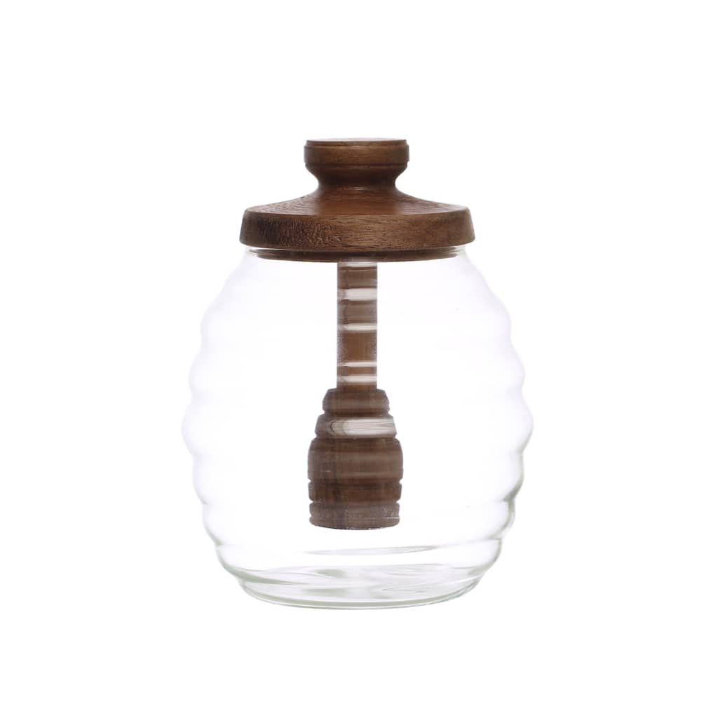 Glass Honey Jar with Acacia Wood Lid and Honey Dipper - Clear - 4.0"L x 4.0"W x 6.0"H