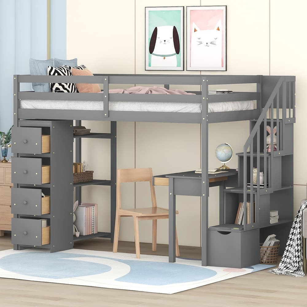 Loft Bed with Storage Drawers, Desk and Stairs, Wooden Loft Bed with Shelves