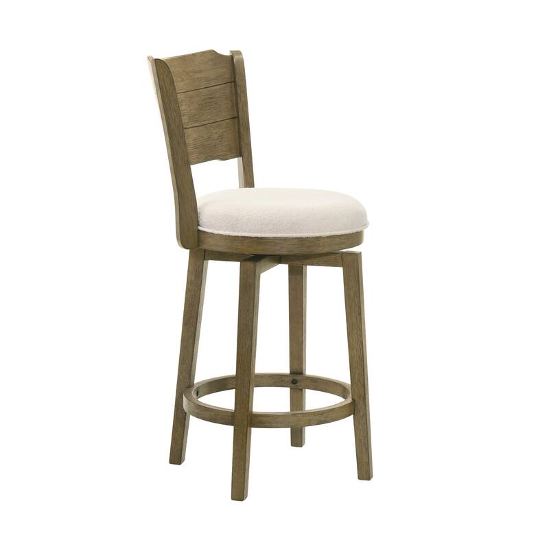 Winsley Coastal Modern Swivel Wood Counter Height Kitchen Bar Stool with White Boucle Fabric Upholstered Seat