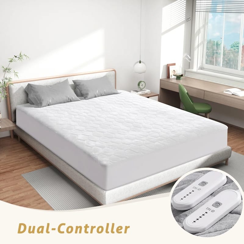 Flannel Electric Heated Mattress Pad, Dual Control and Temperature Regulating - White/Dual Control - Queen