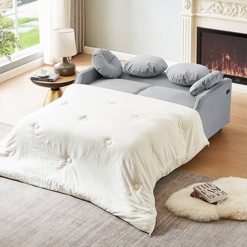 Loveseat Sofa Bed with Adjustable Button Tufted Backrest, 2 USB Ports and 4 Pillows