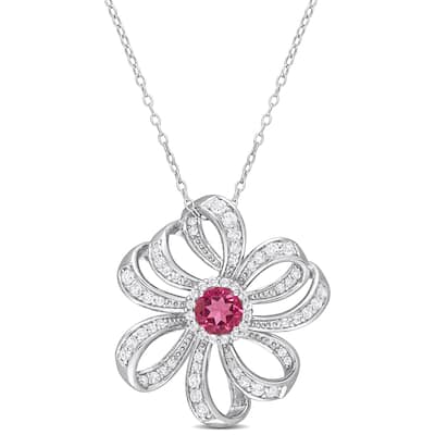 Miadora Pink Topaz and White Topaz Floral Necklace in Sterling Silver
