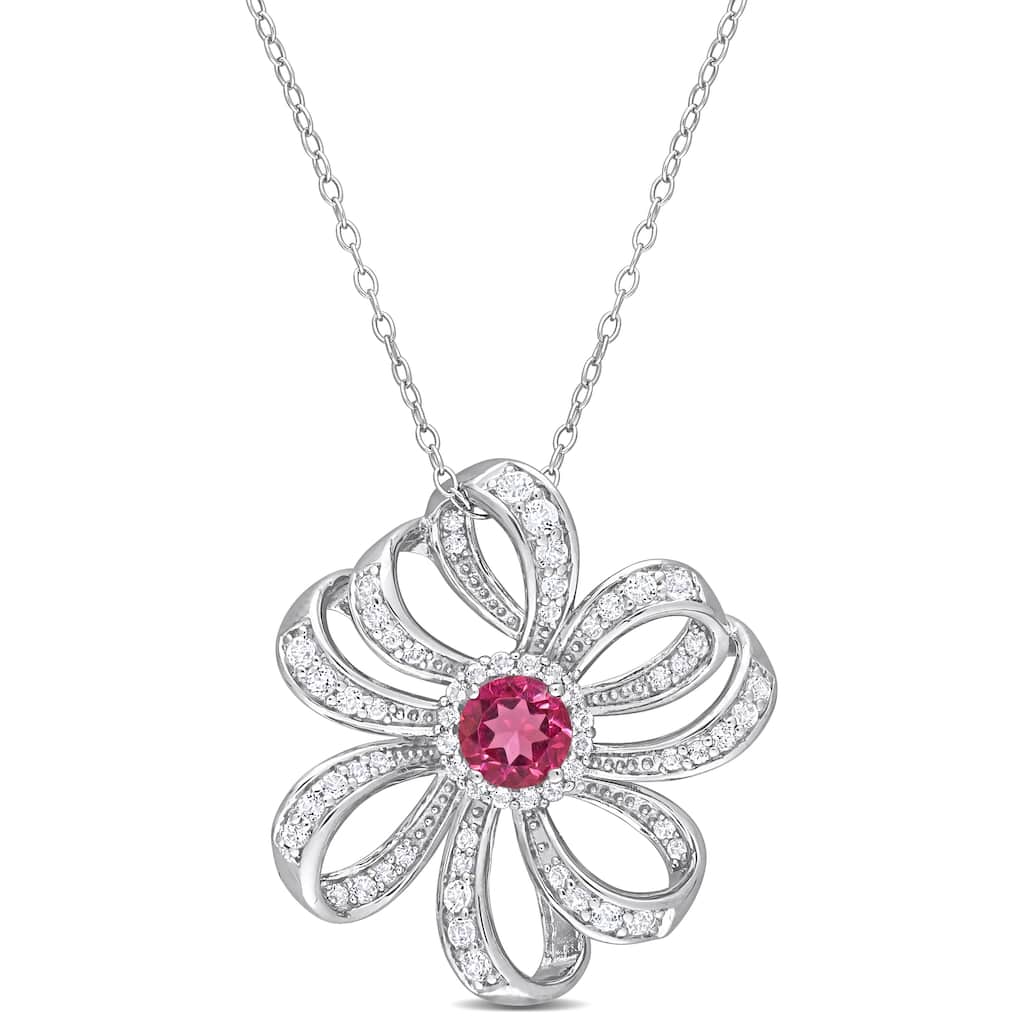 Miadora Pink Topaz and White Topaz Floral Necklace in Sterling Silver