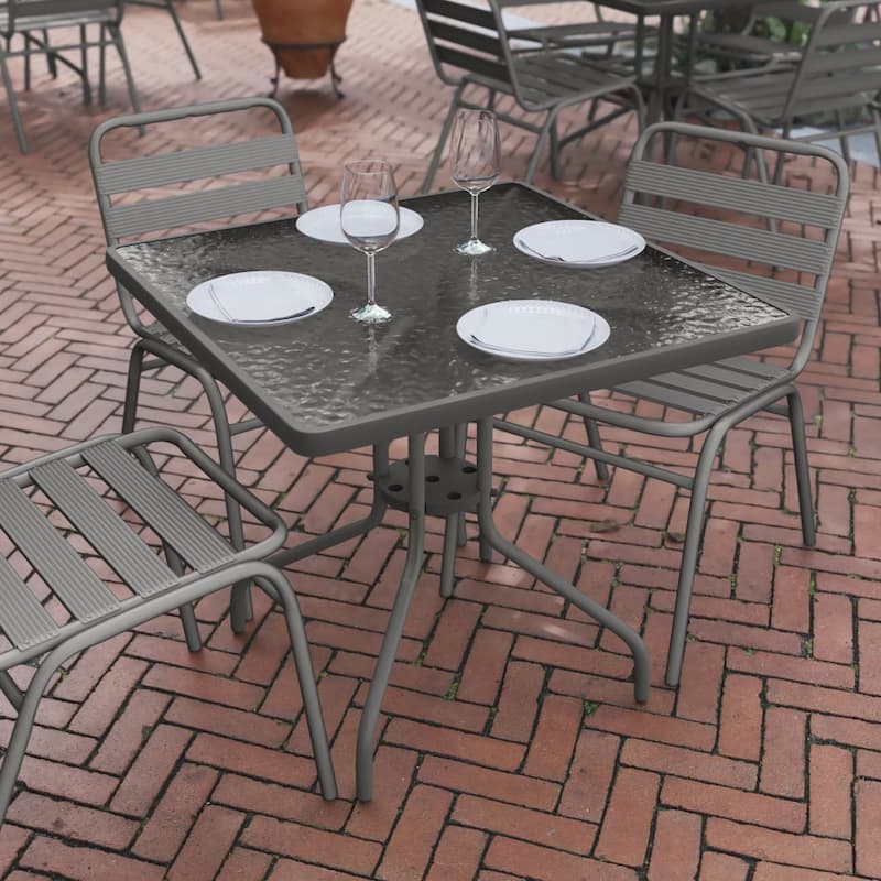 31.5" Square Tempered Glass Metal Table with Smooth Ripple Design Top