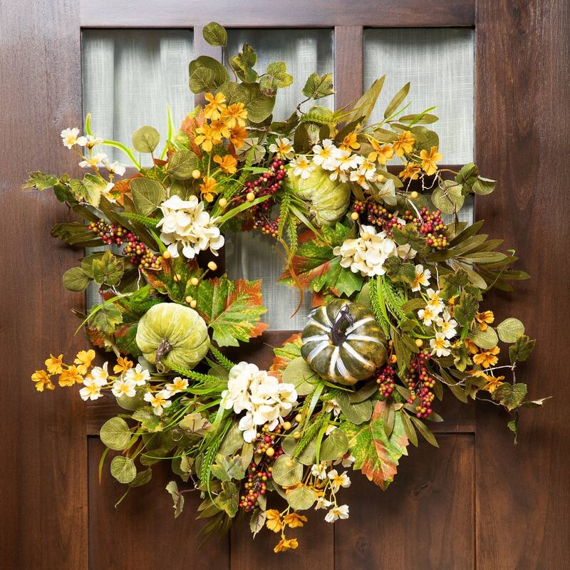 Pumpkins Berries Artificial Fall Harvest Twig Wreath, 24-Inch, Unlit