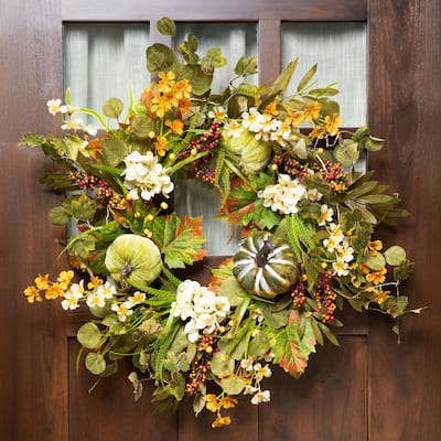 Pumpkins Berries Artificial Fall Harvest Twig Wreath, 24-Inch, Unlit