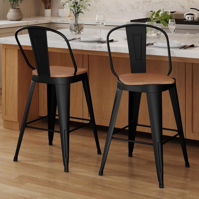 Swivel Counter & Bar Stools with Metal Frame Farmhouse 26" and 30" Seat Height Kitchen Barstools with High Back and Wooden Seat - Black - Bar Height - Set of 2