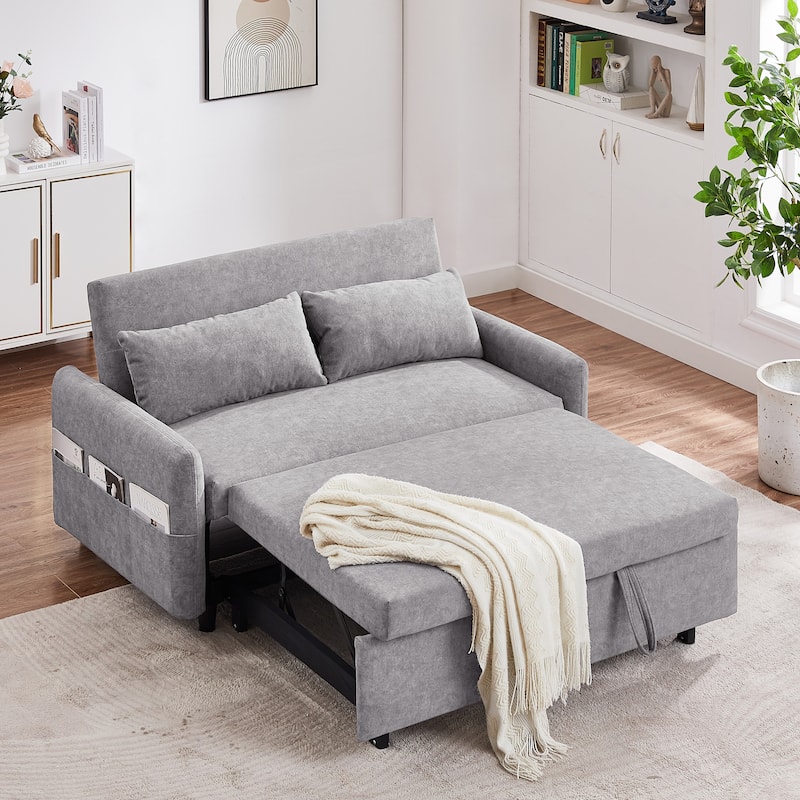 3-in-1 Pull Out Sofa Bed, Couch Bed with Adjsutable Back and Storage Pockets, 2 Seater Sofa with 2 Soft Pillows and USB Ports