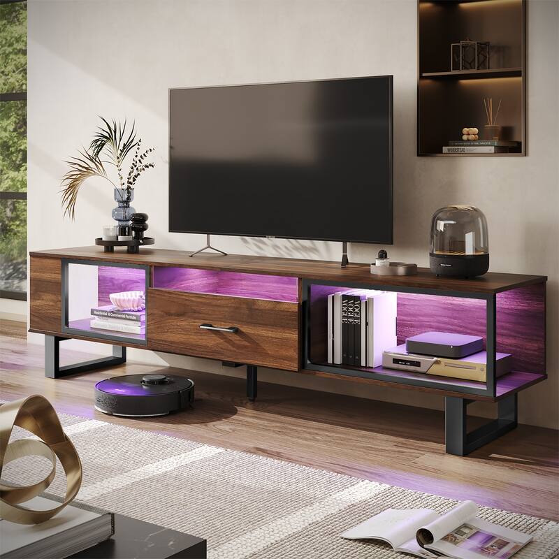 70" Led TV Stand for 75/80 inch TV, Glossy Media Console with Half-Glass Drawer