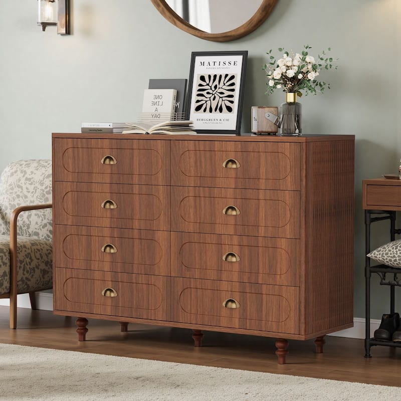 Meyreso Mid-Century Walnut Fluted Dresser with 6 or 8 Drawers
