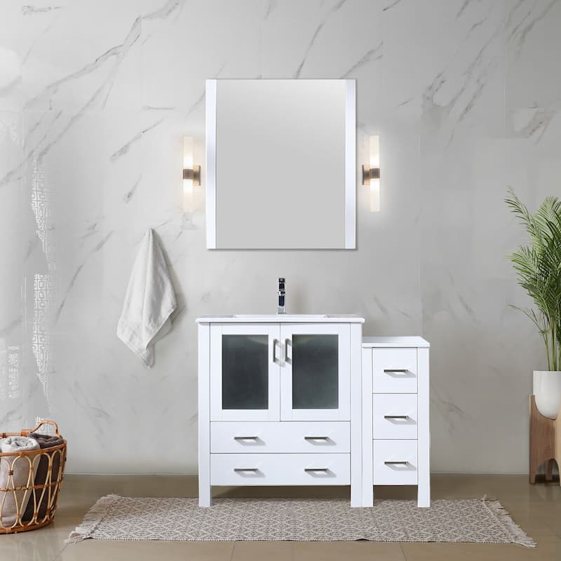 Lexora Volez 42 Inch Bathroom Vanity Cabinet in White with Top and Mirror - Polished - White - Single Vanities