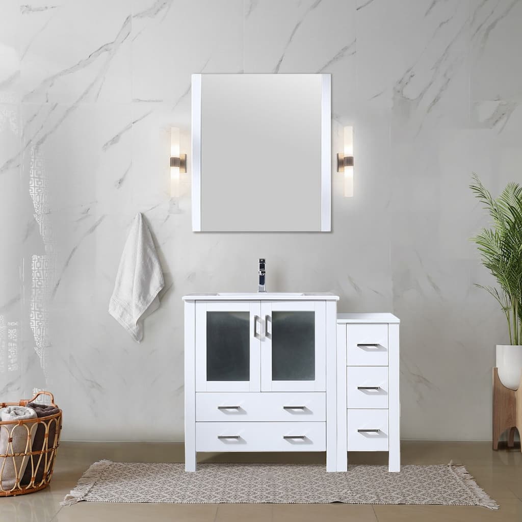 Lexora Volez 42 Inch Bathroom Vanity Cabinet in White with Top and Mirror