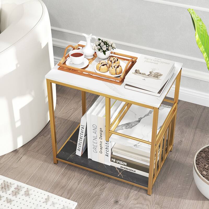 Modern Marble and Gold Side Table with 3-Tier Storage Shelves for Living Room or Bedroom Use - 23.5" x 15.5" x 24" (L x W x H)