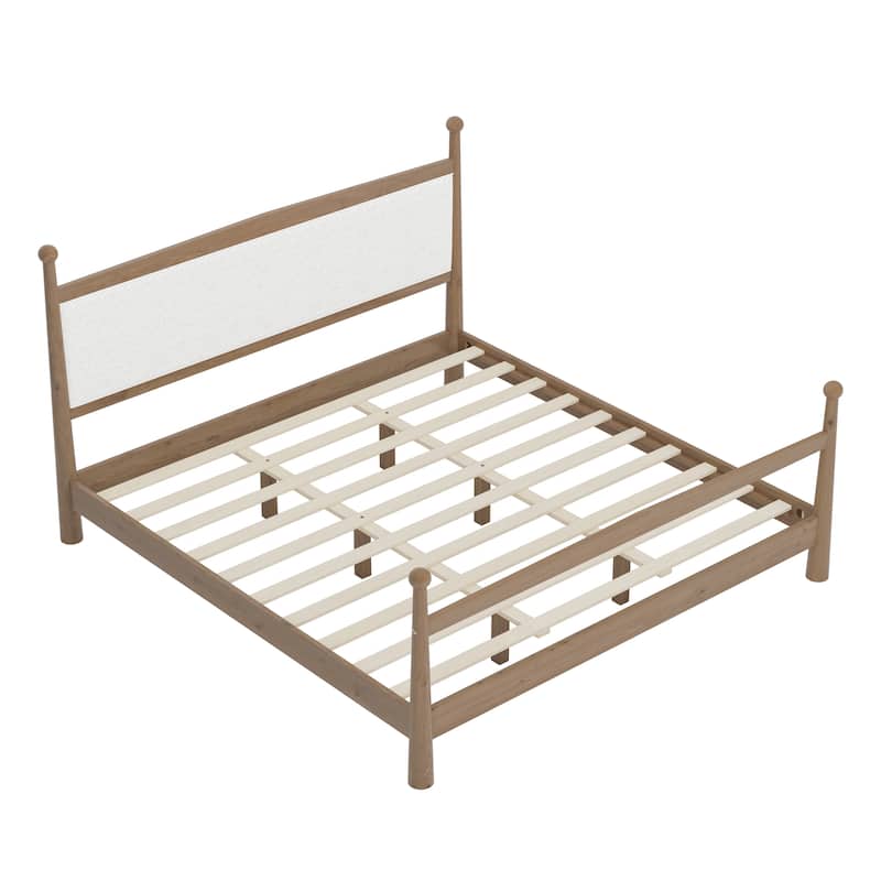 Platform Bed with Upholstered Boucle Headboard Panel Bed No Box Spring Needed Wood Slat Bed Low Profile Bed - Minimalist Design