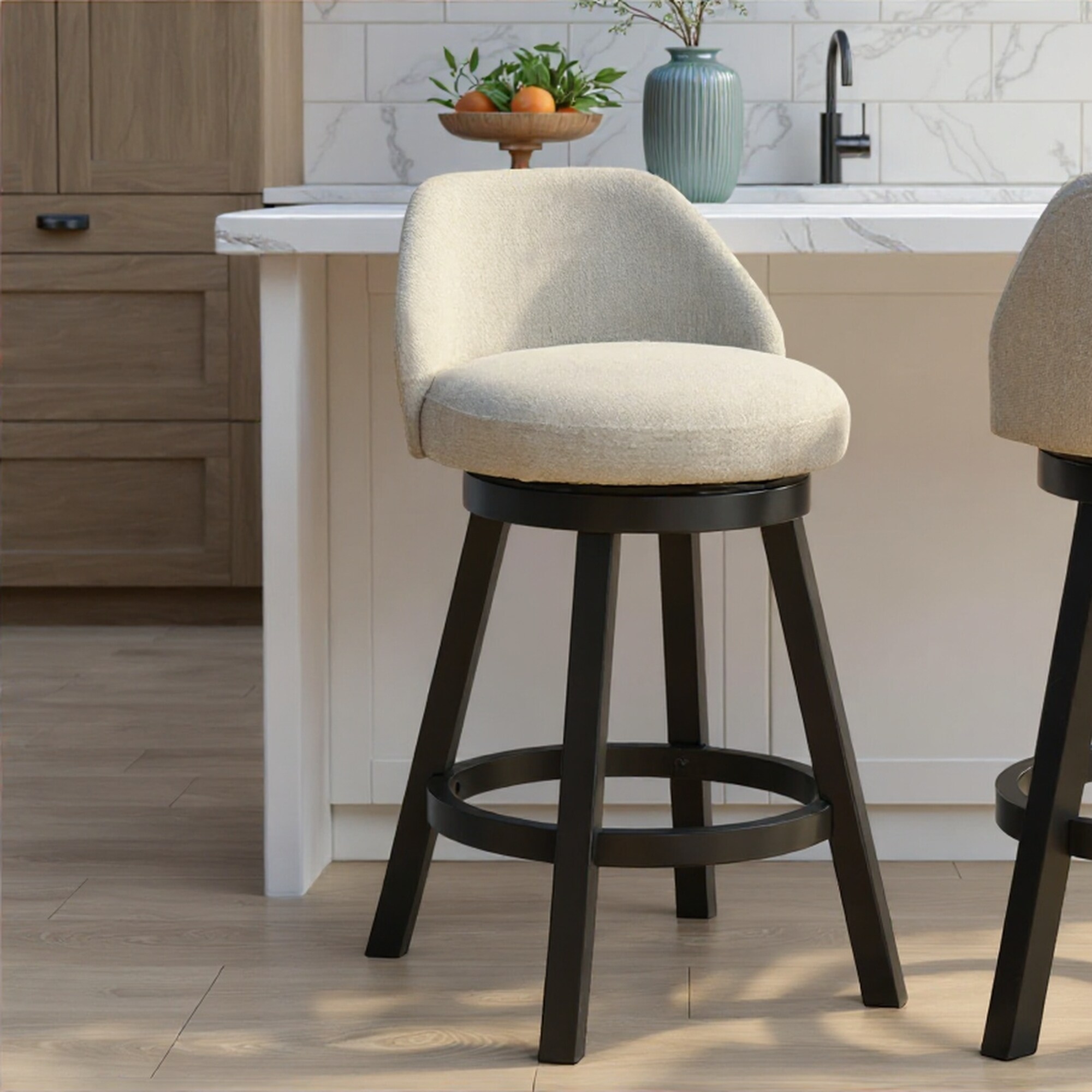 Erika Upholstered Swivel Bar Stool, Counter Height Barstool with Fabric Seat