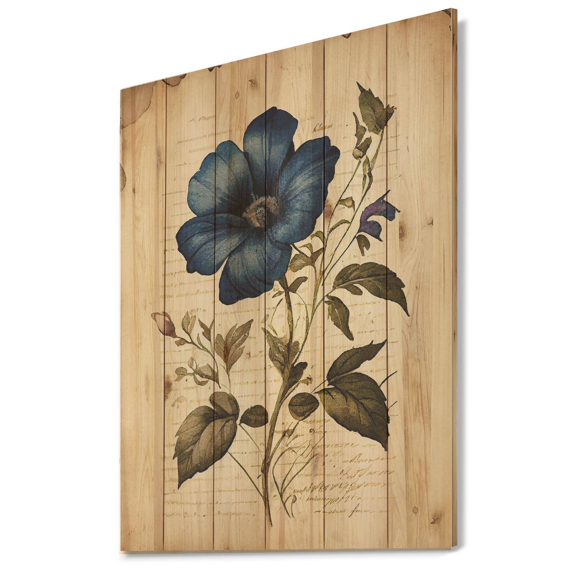 Designart 'Blossoming Blue Retro Flower I' Floral Wood Wall Art