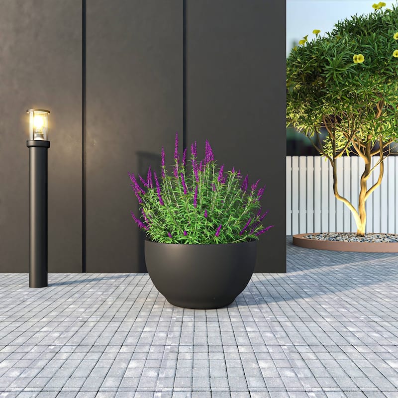 Grove Modern Round Fiberstone and MgO Clay Plant Pot with Drainage Holes for Indoor & Outdoor Home Office Yard Patio Decor