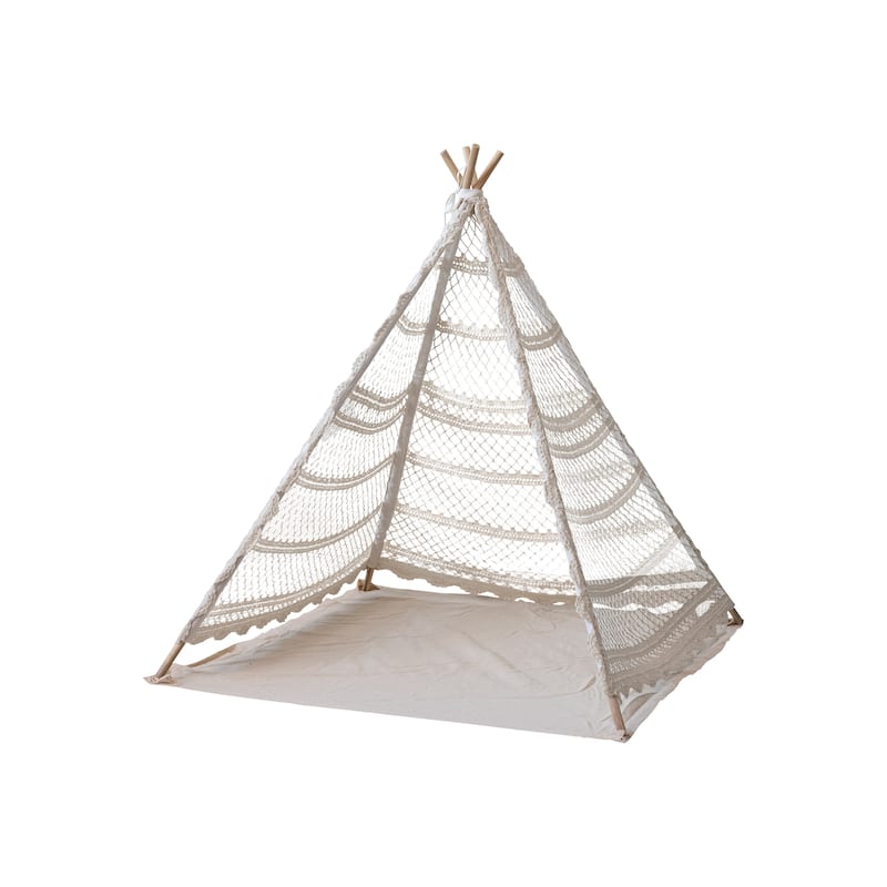 Reclaimed Cotton Crocheted and Teakwood Teepee with Mat - 40.0"L x 40.0"W x 43.5"H