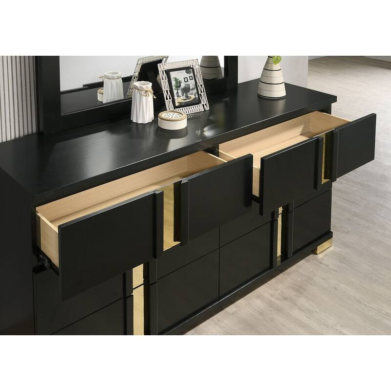 Black Finish Contemporary Bedroom Furniture Set LED Bed Nightstand Dresser Mirror Chest
