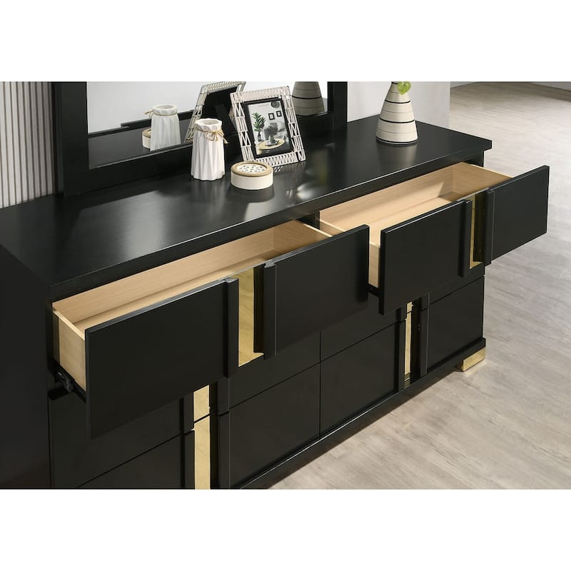 Contemporary Black Finish 4 Piece Bedroom Set LED Bed Dresser Mirror Nightstand