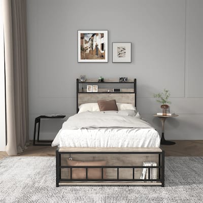 Twin Bed Frames Headboard and Charging Station and LED Light No Box Spring Needed