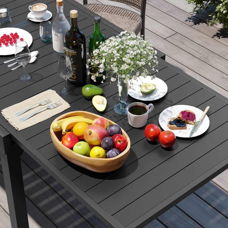 11 Piece Set Outdoor Aluminum Expandable Rectangle Patio Dining Table Set with Rattan Chairs