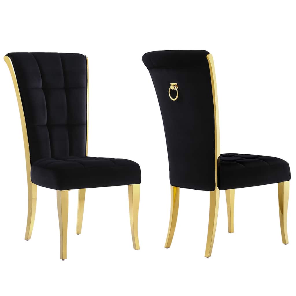 Black Velvet Upholstered Dining Chairs with Gold Legs Set of 2