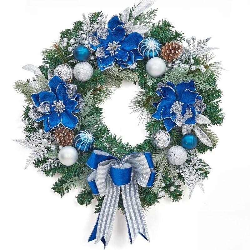 24" Prelit Lighted Christmas Wreaths for Front Door, Silver Blue - N/A - Blue