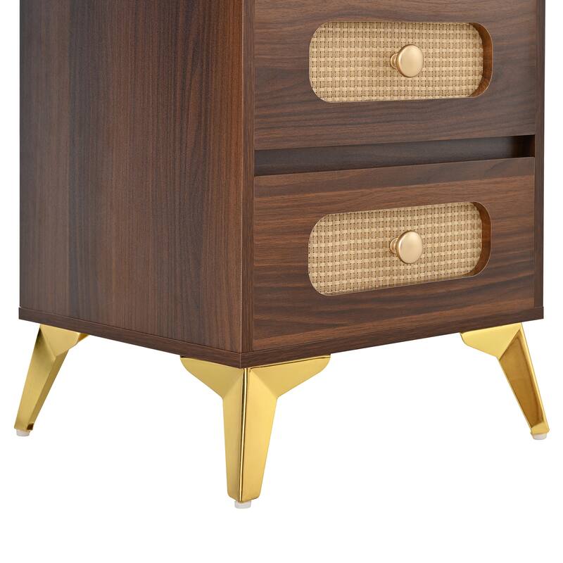 Retro Rattan Makeup Vanity Desk with 5 Drawers and Storage Shelf, Dressing Table with Rectangular Mirror and Touch Light