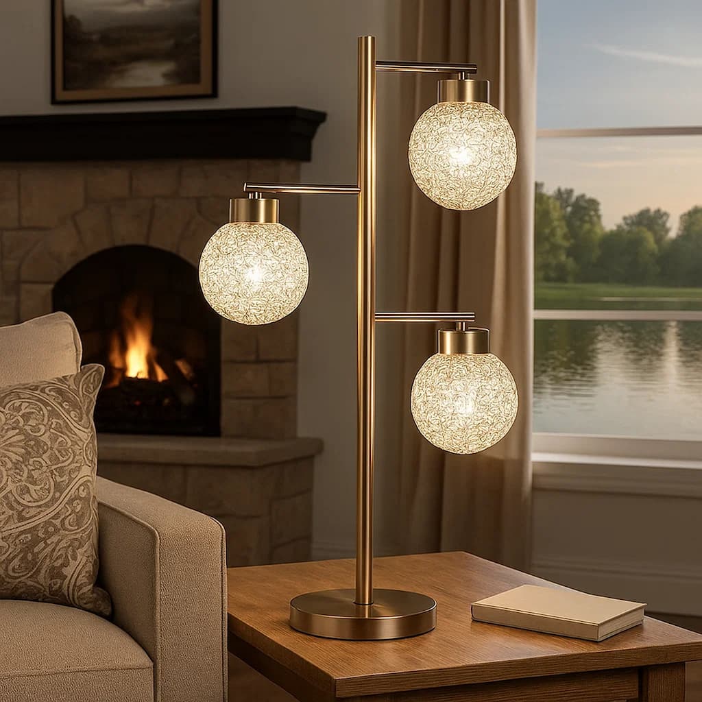 Fern 31 Inch Table Lamp with 3 Orb Shades, Metal, Sand Chrome Finish