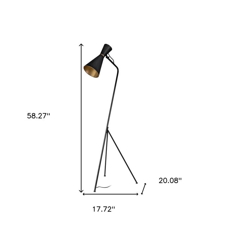 HomeRoots 58" Black Metal Tripod Floor Lamp With Black And Gold Metal Cone Shade - 17.72" W x 58.27" H x 20.08" D
