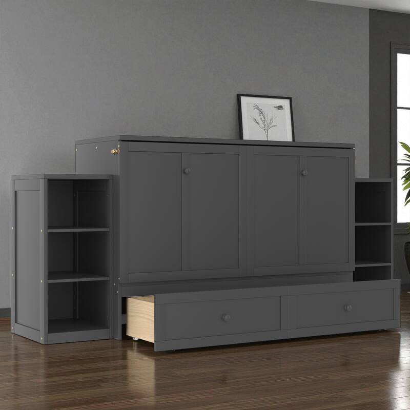 Full/Queen Size Murphy Bed with Storage Drawers and Shelves, Space-Saving Foldable Wall Bed for Guest Room - Dark Grey - Queen